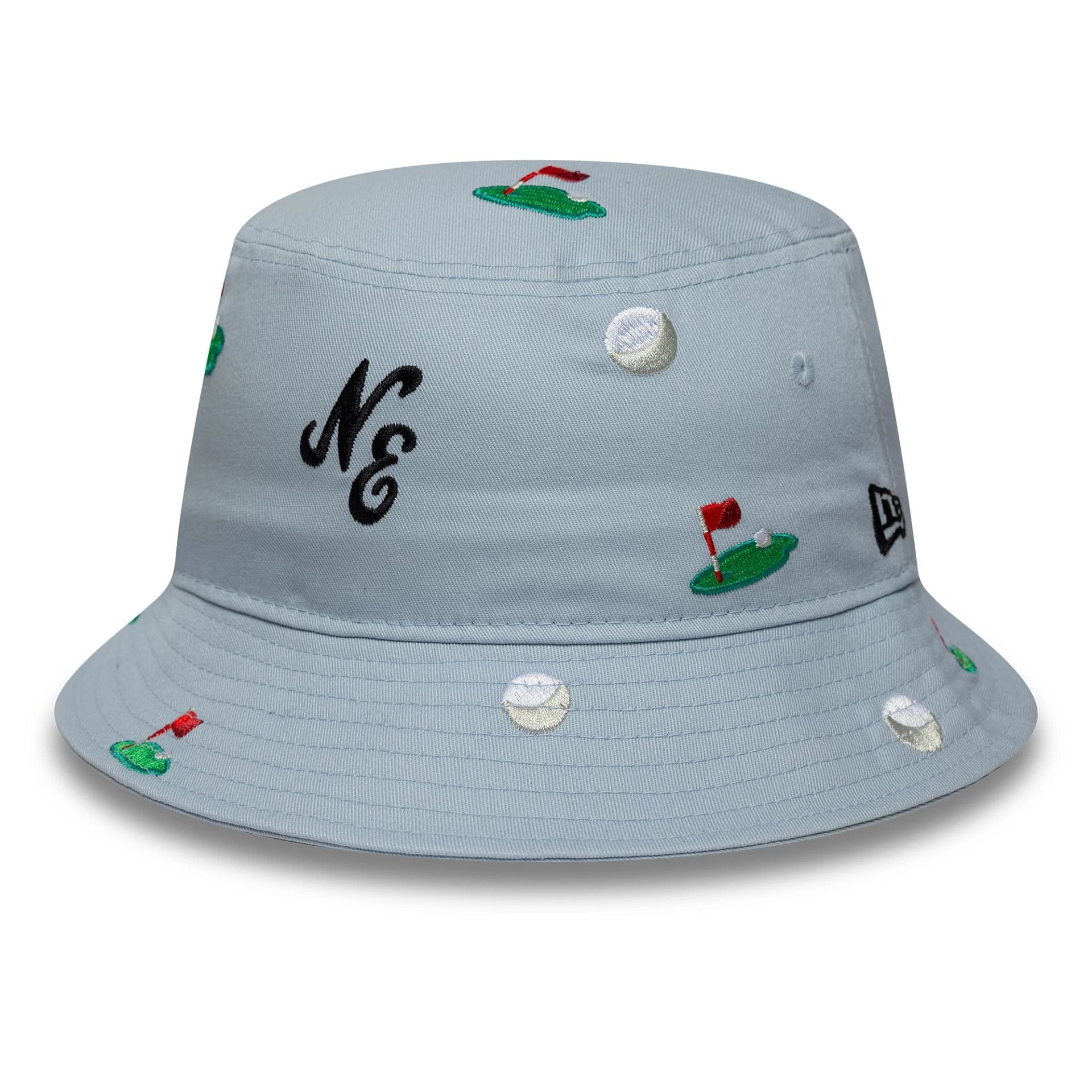 Pictured is this New Era All Over Print Bucket hat in pastel blue. 1