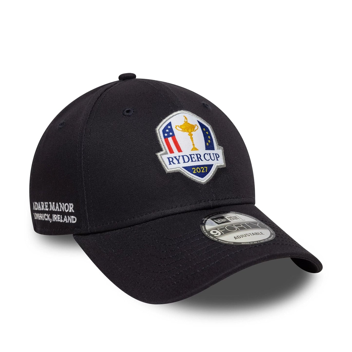Pictured is this Adare Manor Ryder Cup Europe 2027 9FORTY cap in navy. 1