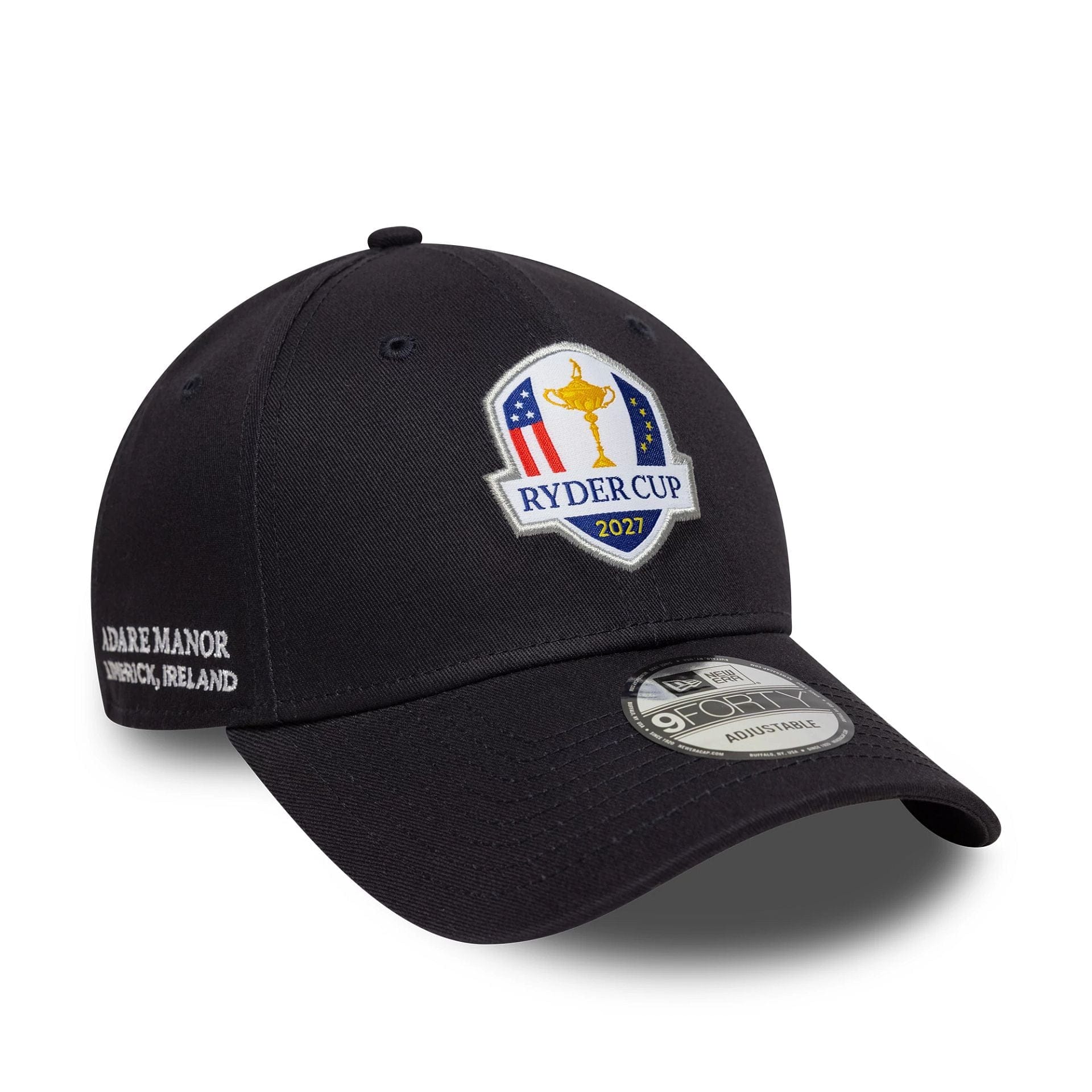 Pictured is this Adare Manor Ryder Cup Europe 2027 9FORTY cap in navy. 1