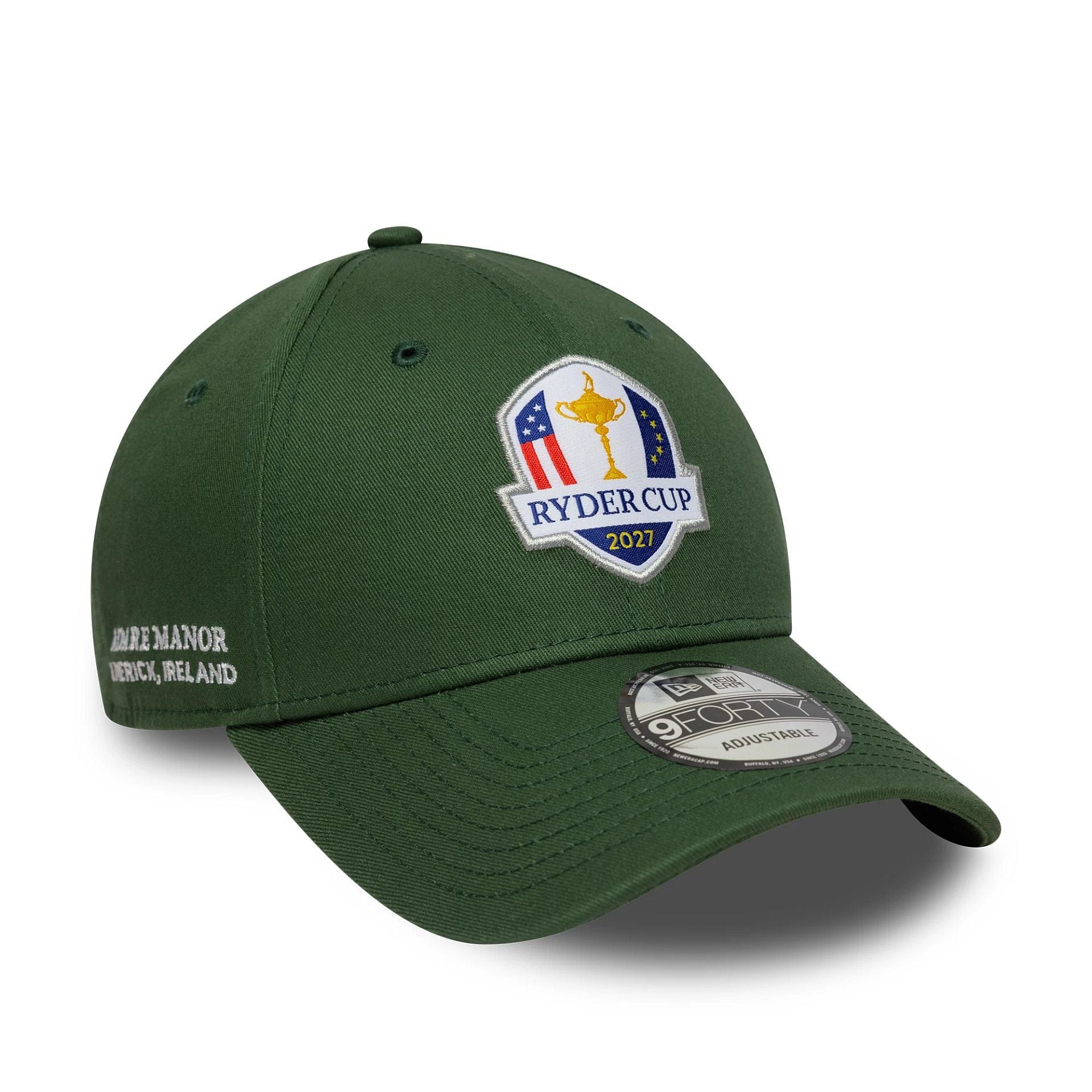 Pictured is this Adare Manor Ryder Cup Europe 2027 9FORTY cap in dark green. 1