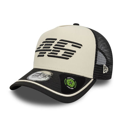 Pictured is this Recycled Stripe VR46 9FORTY E-Frame Trucker in black. 1