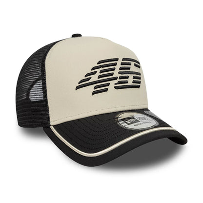 Pictured is this Recycled Stripe VR46 9FORTY E-Frame Trucker in black. 3
