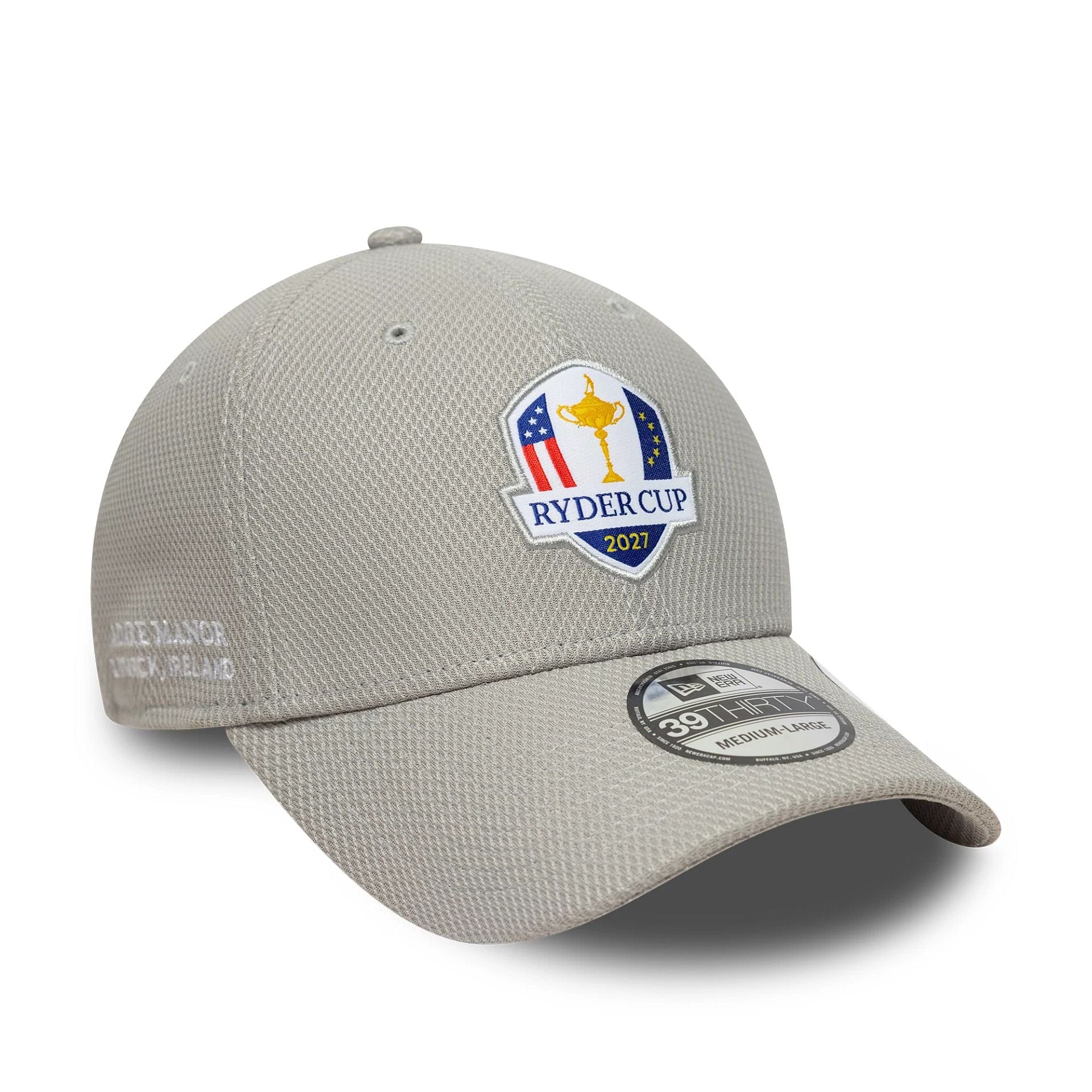 Pictured is this Diamond Era Ryder Cup Europe 2027 39THIRTY Stretch Fit cap in grey. 1
