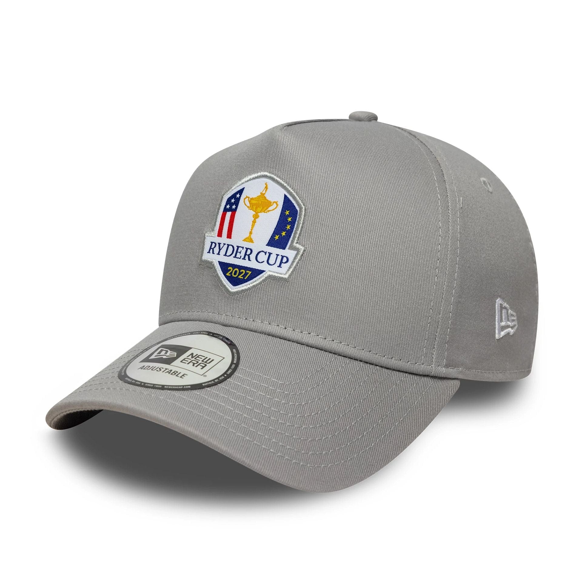 Pictured is this Core Ryder Cup Europe 2027 9FORTY A-Frame Trucker cap in grey. 3