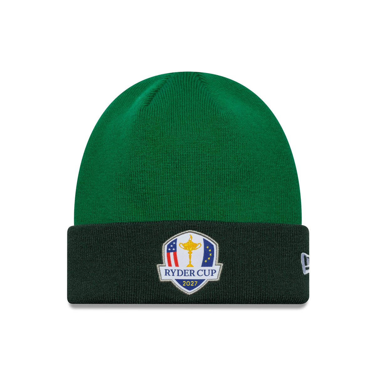 New Era Ryder Cup 2027 Adare Manor Green Cuff Knit Beanie Cap, front view showing the Ryder Cup logo patch embroidered on the dark green cuff, with the New Era flag logo on the left side.