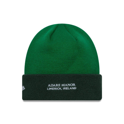 Pictured is this Adare Manor Ryder Cup Europe 2027 Cuff Knit Beanie cap in green. 2
