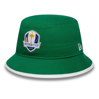 New Era Ryder Cup 2027 Adare Manor Green Bucket Hat, front view showing the colourful embroidered Ryder Cup logo on the structured green crown, with a white visor edge and the New Era flag logo stitched on the side.