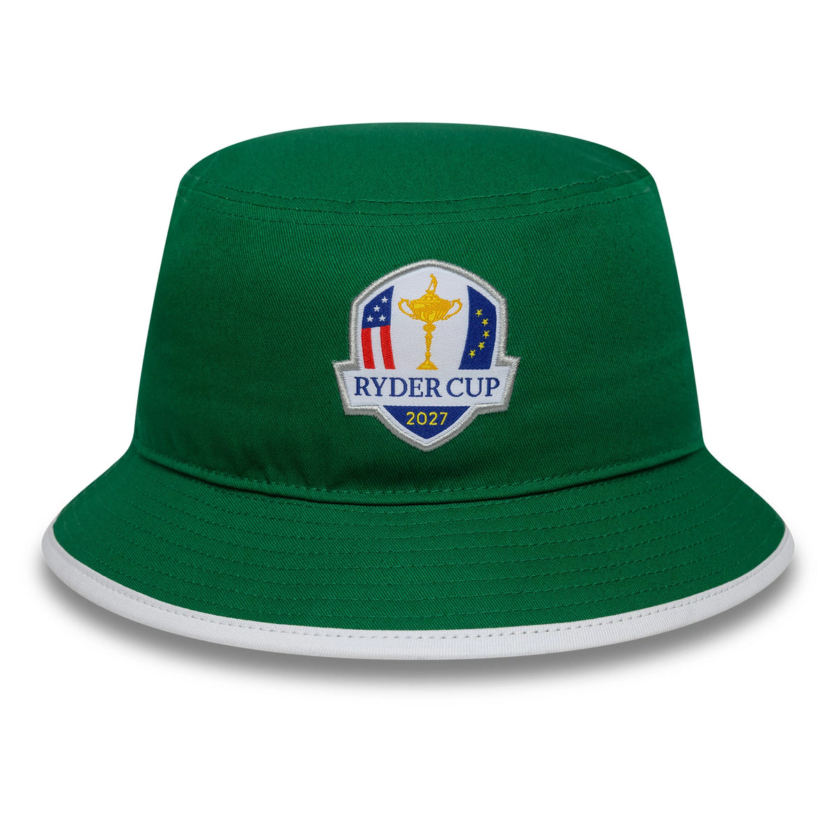 New Era Ryder Cup 2027 Adare Manor Green Bucket Hat, front view showing the embroidered Ryder Cup logo with flags and trophy centred on the green panel, contrasted by a white trim along the edge of the visor.