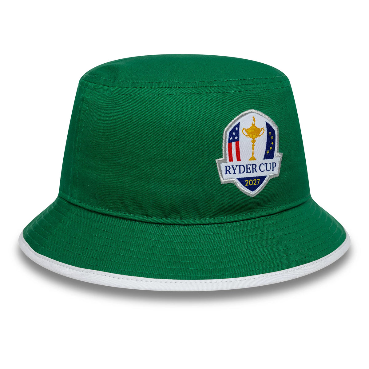 New Era Ryder Cup 2027 Adare Manor Green Bucket Hat, front view showing the embroidered Ryder Cup shield logo centred on the structured green crown and a white trim outlining the wide visor.