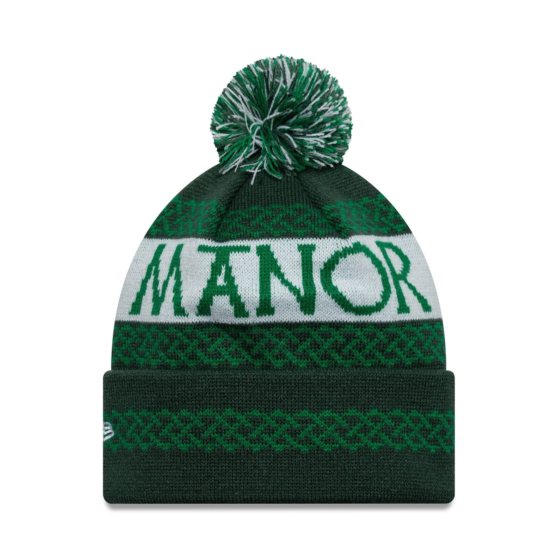 Pictured is this Adare Manor Ryder Cup Europe 2027 Bobble Knit Beanie cap in green. 2