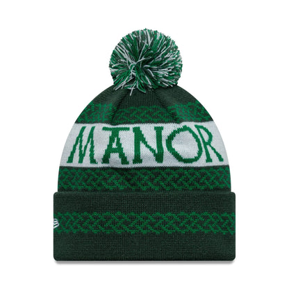 Pictured is this Adare Manor Ryder Cup Europe 2027 Bobble Knit Beanie cap in green. 2