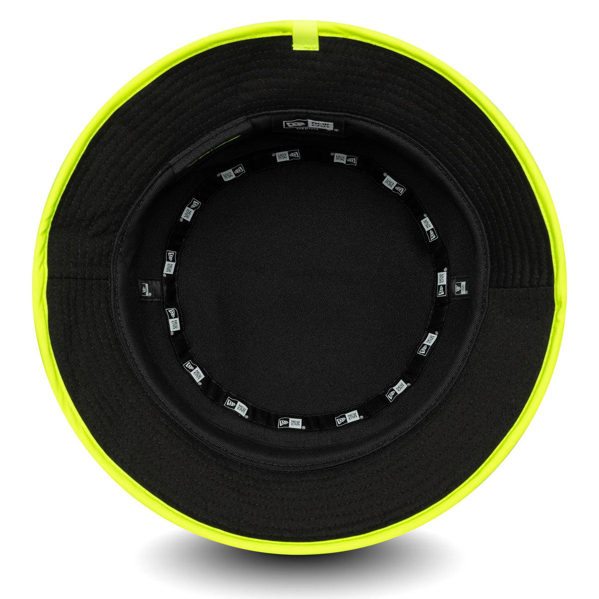 New Era VR46 Recycled Black Bucket Hat, inside view showing the black sweatband with New Era taping, a bright neon yellow edge around the inner crown, and the material information printed under the crown.