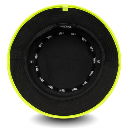 New Era VR46 Recycled Black Bucket Hat, inside view showing the black sweatband with New Era taping, a bright neon yellow edge around the inner crown, and the material information printed under the crown.