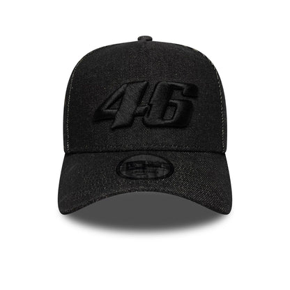 Pictured is this Laser Etch Denim VR46 9FORTY E-Frame Trucker in black. 2