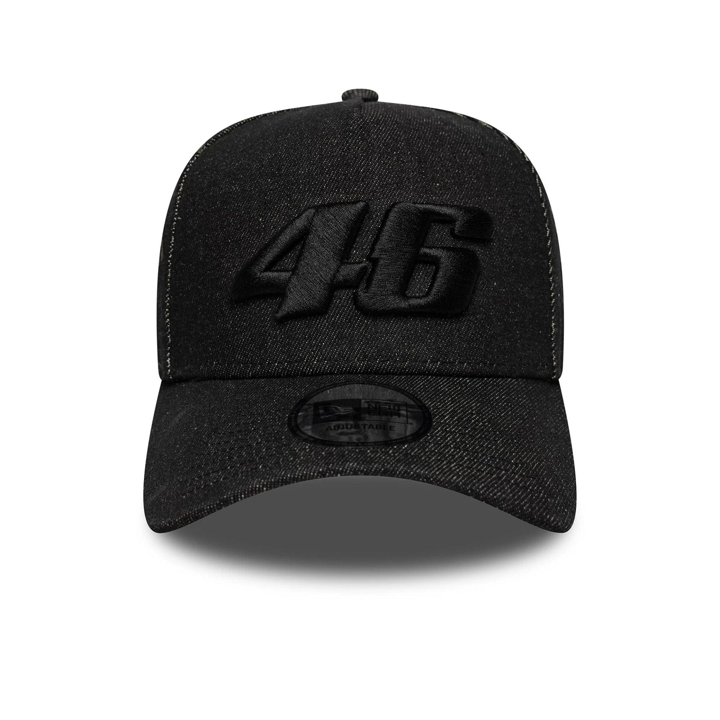 Pictured is this Laser Etch Denim VR46 9FORTY E-Frame Trucker in black. 2