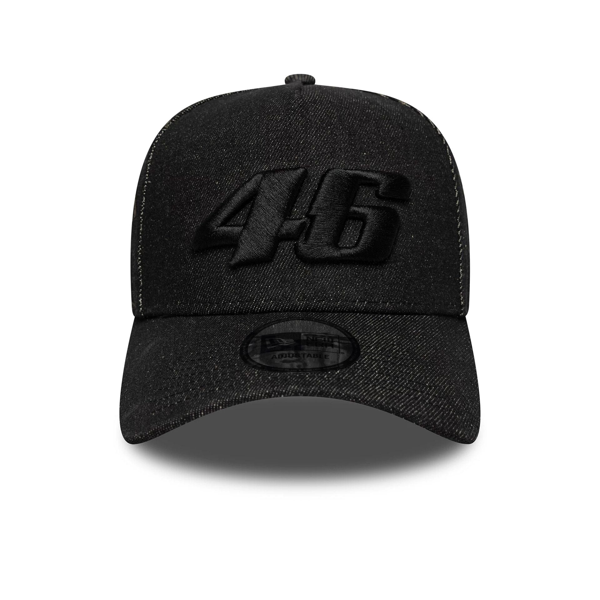 Pictured is this Laser Etch Denim VR46 9FORTY E-Frame Trucker in black. 2