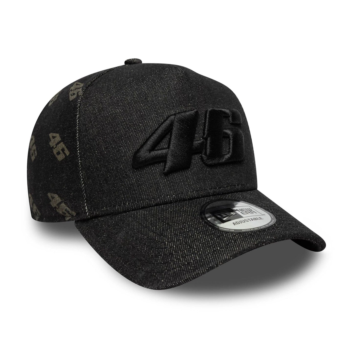 Pictured is this Laser Etch Denim VR46 9FORTY E-Frame Trucker in black. 3