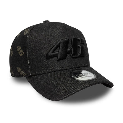 Pictured is this Laser Etch Denim VR46 9FORTY E-Frame Trucker in black. 3