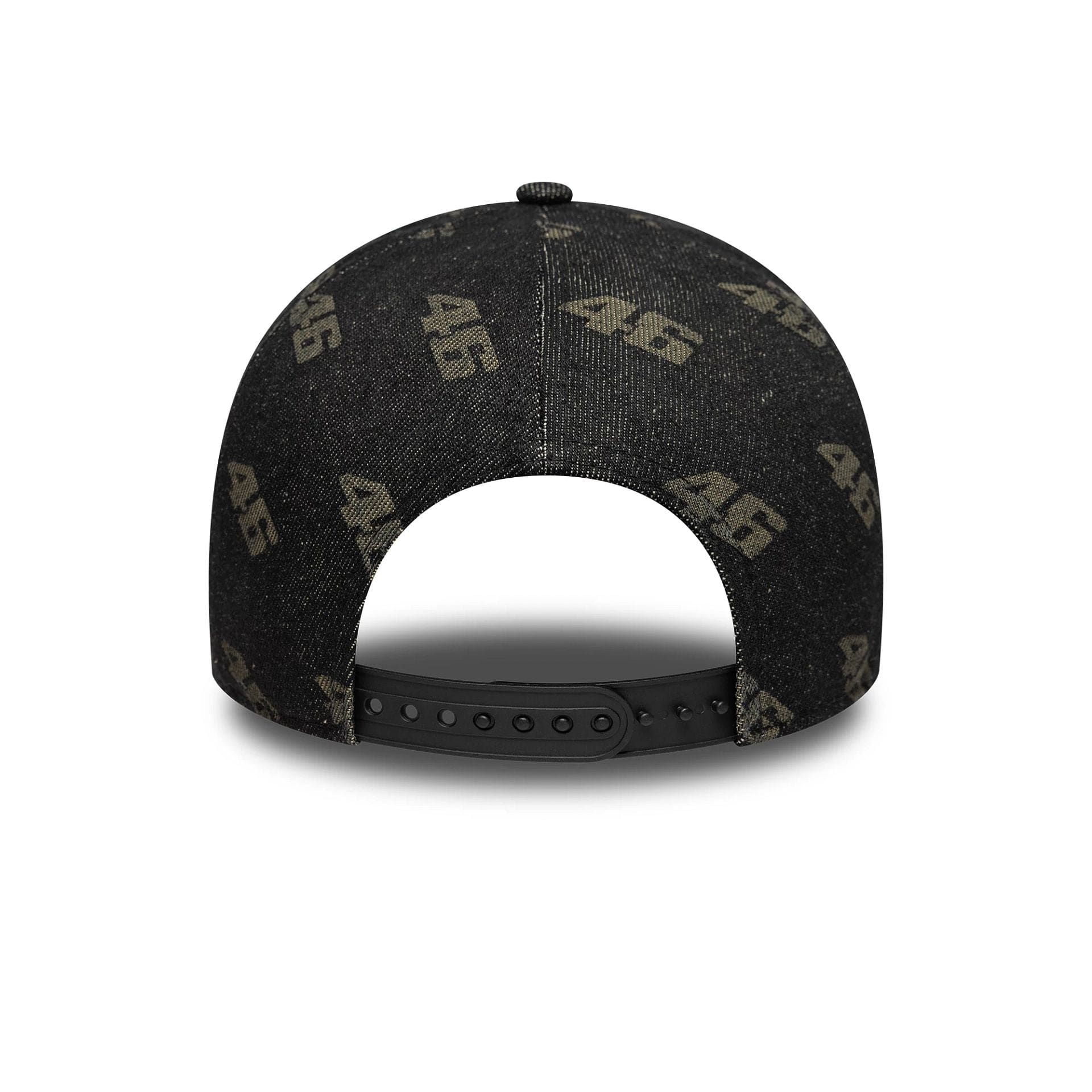 Pictured is this Laser Etch Denim VR46 9FORTY E-Frame Trucker in black. 4