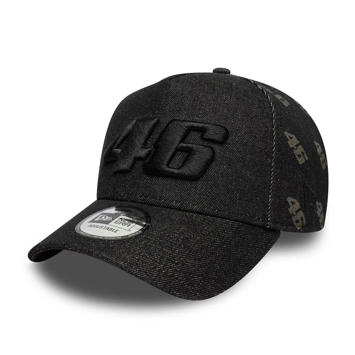Pictured is this Laser Etch Denim VR46 9FORTY E-Frame Trucker in black. 1