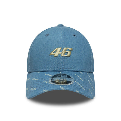 VR46 Denim Open Blue New Era 9FORTY M-Crown Cap, front view showing a gold embroidered 46 on the structured denim crown, with a 9FORTY size sticker on the visor featuring a scripted pattern.