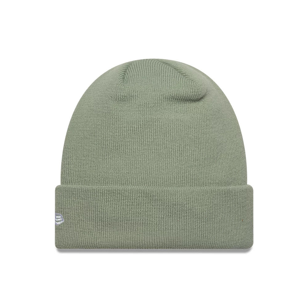 New Era Tottenham Hotspur FC Pastel Green Cuff Knit Beanie Hat, front view showing the soft pastel green knit fabric with a fold-over cuff and the white embroidered New Era flag logo on the left side of the cuff.