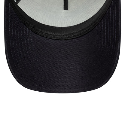 Tottenham Hotspur FC Puff Wordmark Navy New Era 9FORTY A-Frame Trucker Cap, inside view showing a black undervisor, light-grey fabric sweatband, and black interior taping with a partially arch shape of the cap's crown.