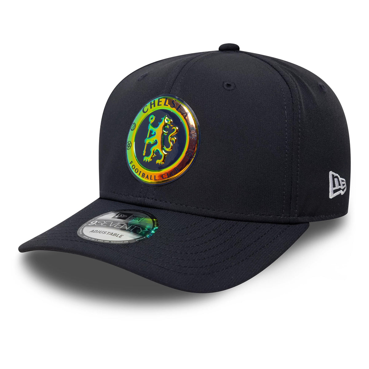 Chelsea FC Lion Crest Iridescent Navy New Era 9SEVENTY Stretch Snap Cap, three-quarter view showing the iridescent circular Chelsea FC lion crest on the front panel, with a silver New Era flag logo on the left side.