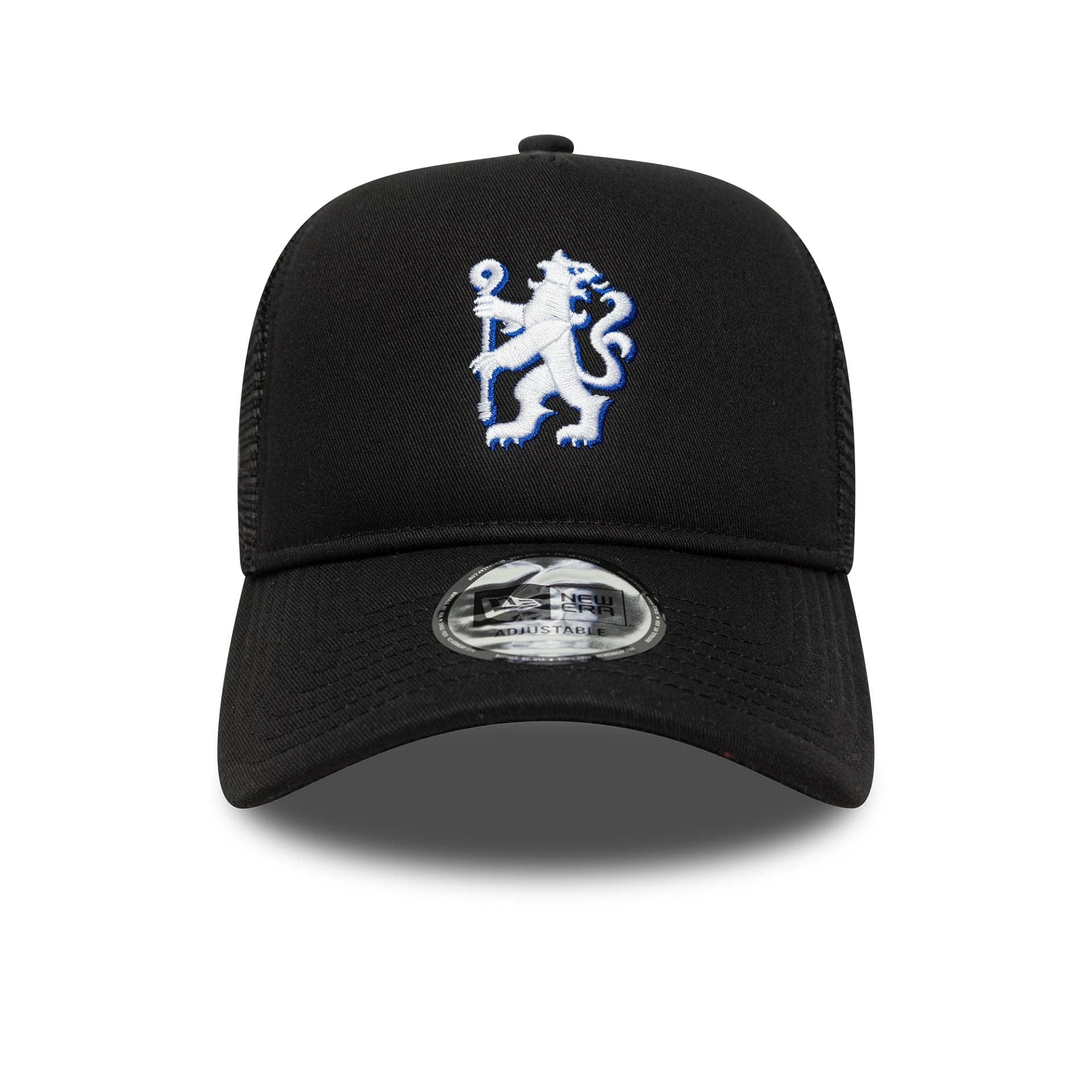 Pictured is this Chelsea FC Lion Crest Patch 9FORTY A-Frame Trucker in black. 2