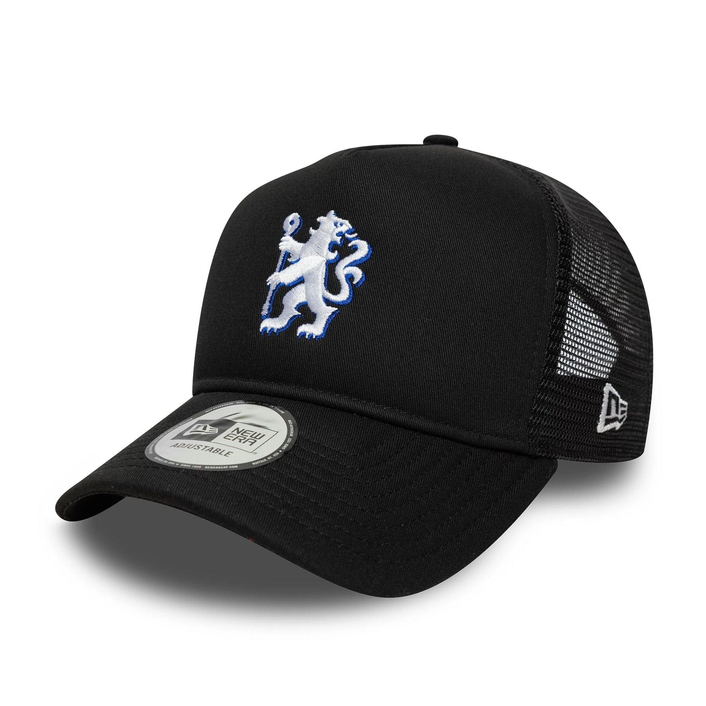 Pictured is this Chelsea FC Lion Crest Patch 9FORTY A-Frame Trucker in black. 3
