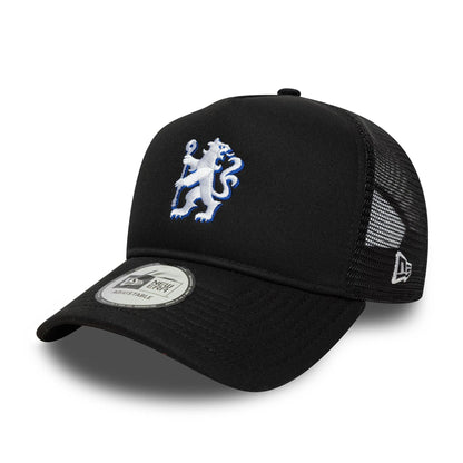 Pictured is this Chelsea FC Lion Crest Patch 9FORTY A-Frame Trucker in black. 3