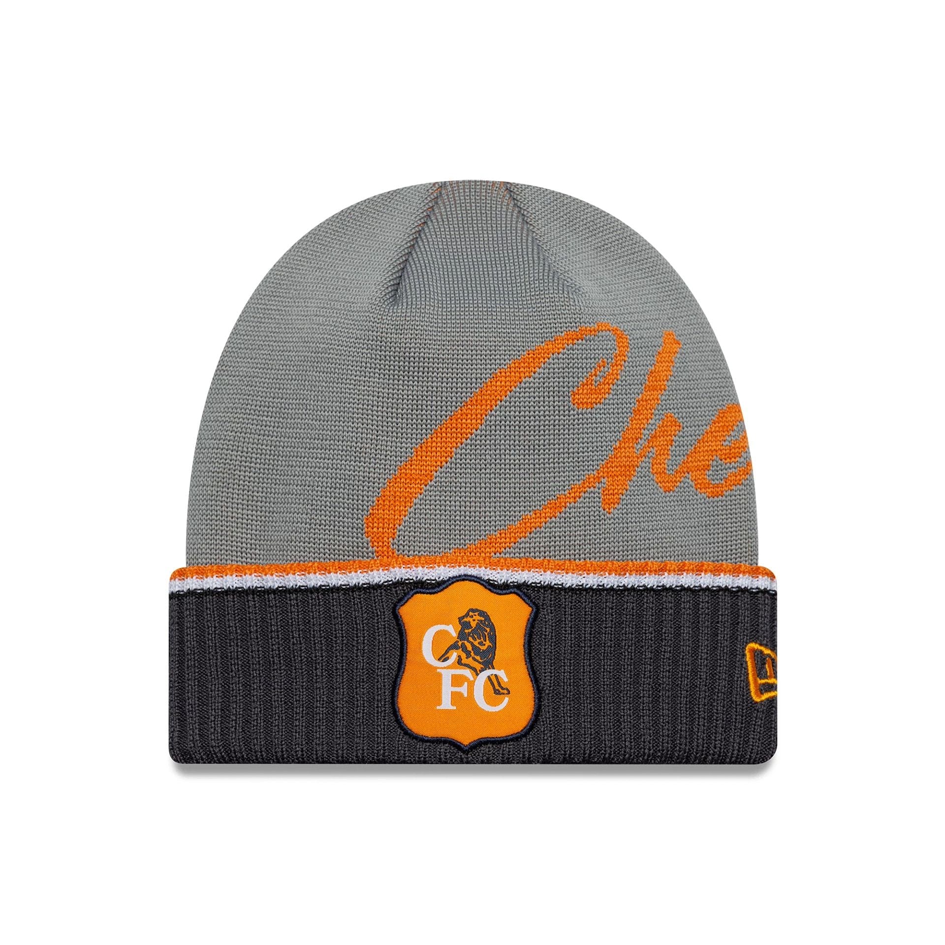 Pictured is this Chelsea FC Lion Crest 94 Cuff knit Beanie in grey. 1