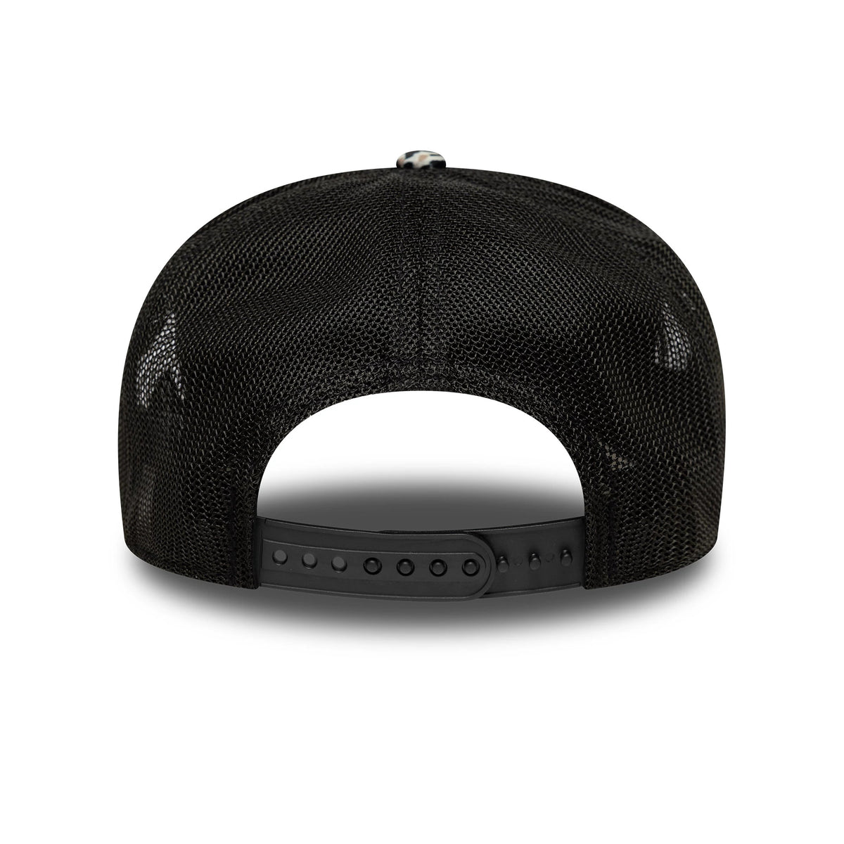 Visa Cash App Racing Bulls Leopard New Era 9SEVENTY Stretch Snap Cap, rear view showing the black mesh fabric, black snapback closure, and a black top button on the structured crown.