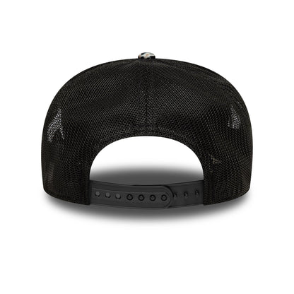 Visa Cash App Racing Bulls Leopard New Era 9SEVENTY Stretch Snap Cap, rear view showing the black mesh fabric, black snapback closure, and a black top button on the structured crown.