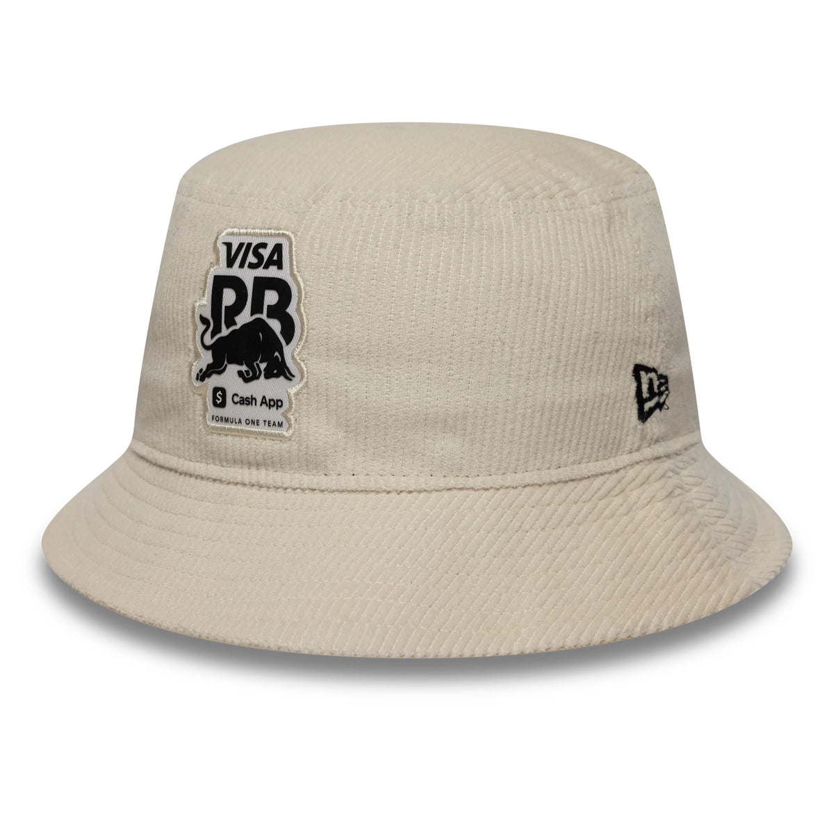 New Era Visa Cash App Racing Bulls Womens Cream Cord Bucket Hat, front view showing the embroidered black Visa Bulls logo patch on the front panel and the New Era flag logo on the left side, with a soft corded texture.