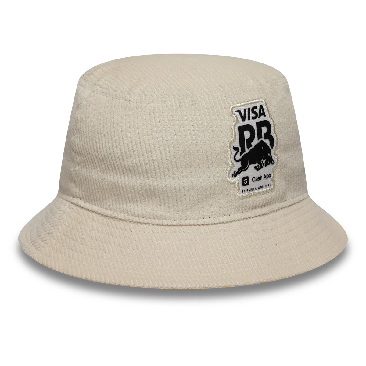 New Era Visa Cash App Racing Bulls Womens Cream Cord Bucket Hat, front view showing the Visa and Bulls patch logo in black and white embroidered on the front of the cream corduroy material, with a soft visor and a relaxed crown.