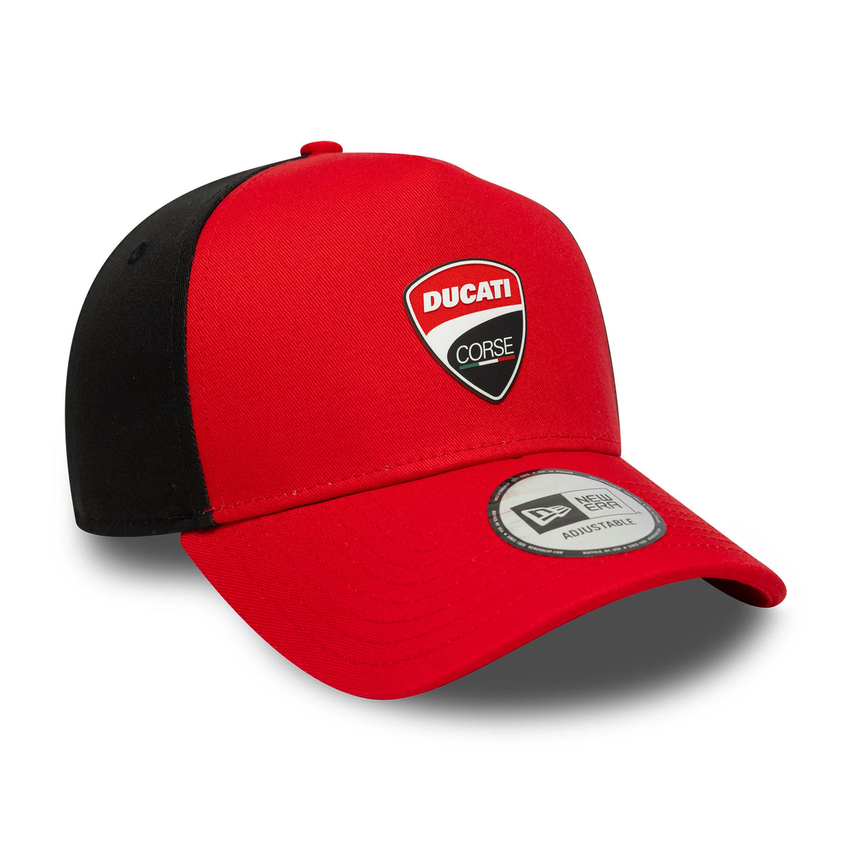 Ducati Corse Logo Red New Era 9FORTY E-Frame Trucker Cap, three-quarter view showing the white and red embroidered Ducati Corse logo on the red front panel, with a black mesh back and a New Era 9FORTY size sticker on the curved red visor.