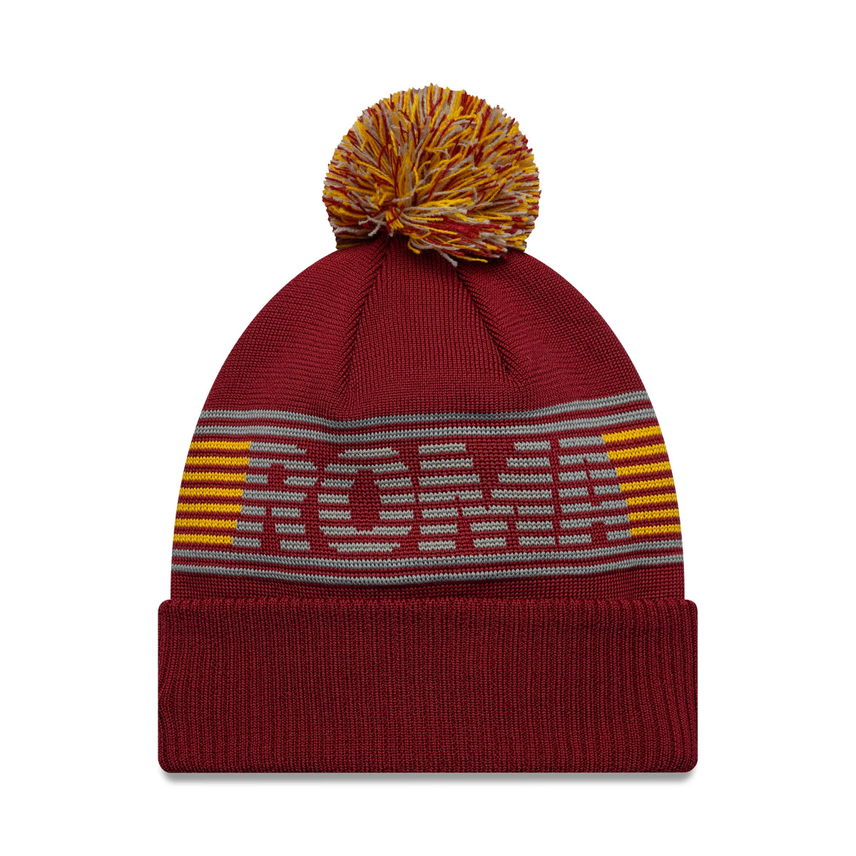 New Era AS Roma Dark Red Bobble Knit Beanie Hat, front view showing the large grey ROMA lettering woven into the crown above a fold-over cuff, with alternating yellow and red stripes and a multicoloured bobble on top.