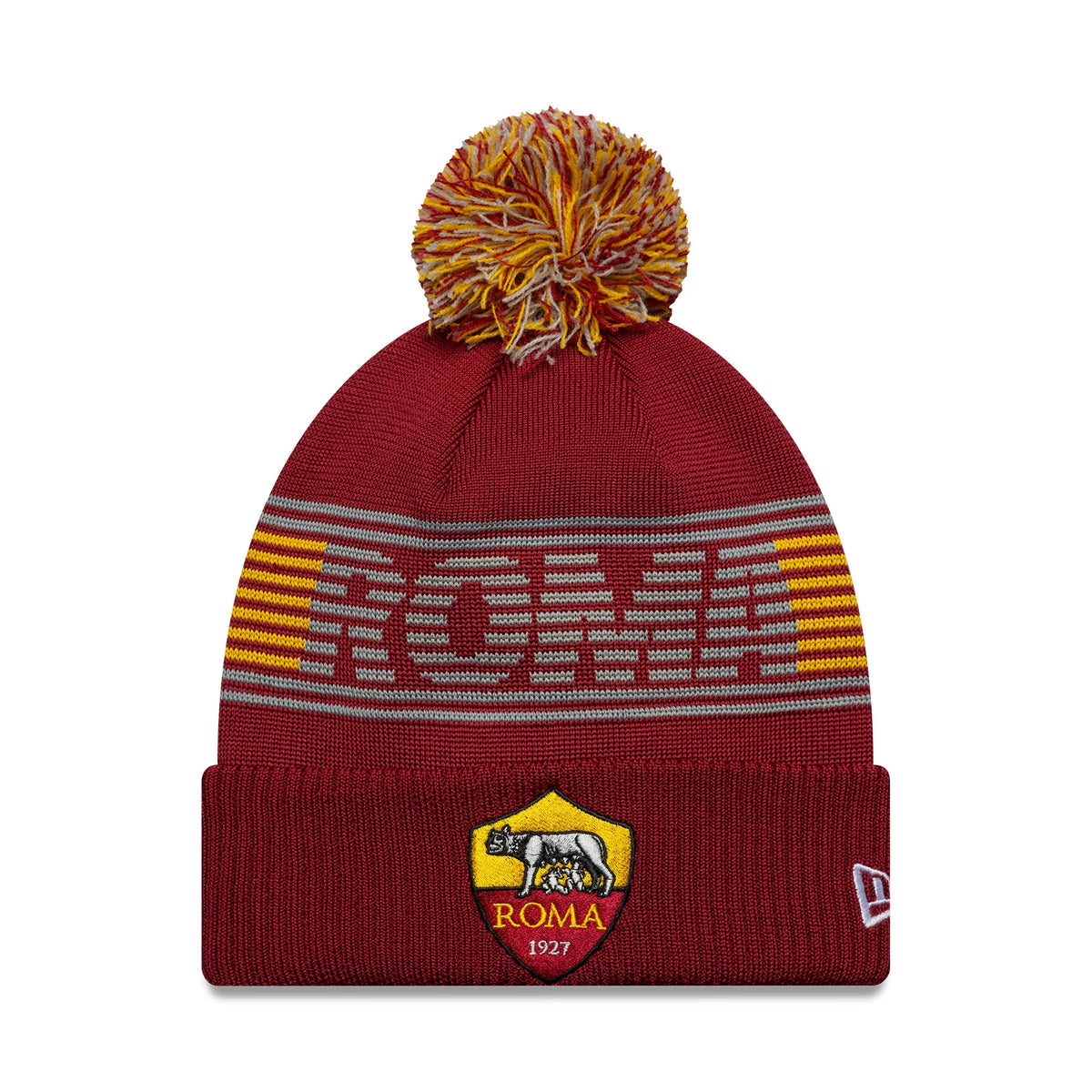 New Era AS Roma Dark Red Bobble Knit Beanie Hat, front view showing a prominent AS Roma shield logo embroidered on the folded cuff, with the team name in grey and yellow stripes above and a multicoloured bobble on top.