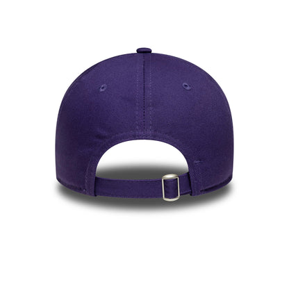 AS Roma Womens Purple New Era 9TWENTY Cap, rear view showing the adjustable fabric strap with a buckle at the back, along with the structured purple crown featuring embroidered eyelets and a central top button.