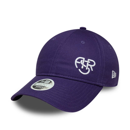 AS Roma Womens Purple New Era 9TWENTY Cap, three-quarter view showing the raised white embroidered AS Roma logo on the front panel, curved visor with a 9TWENTY size sticker, and New Era flag logo on the left side.