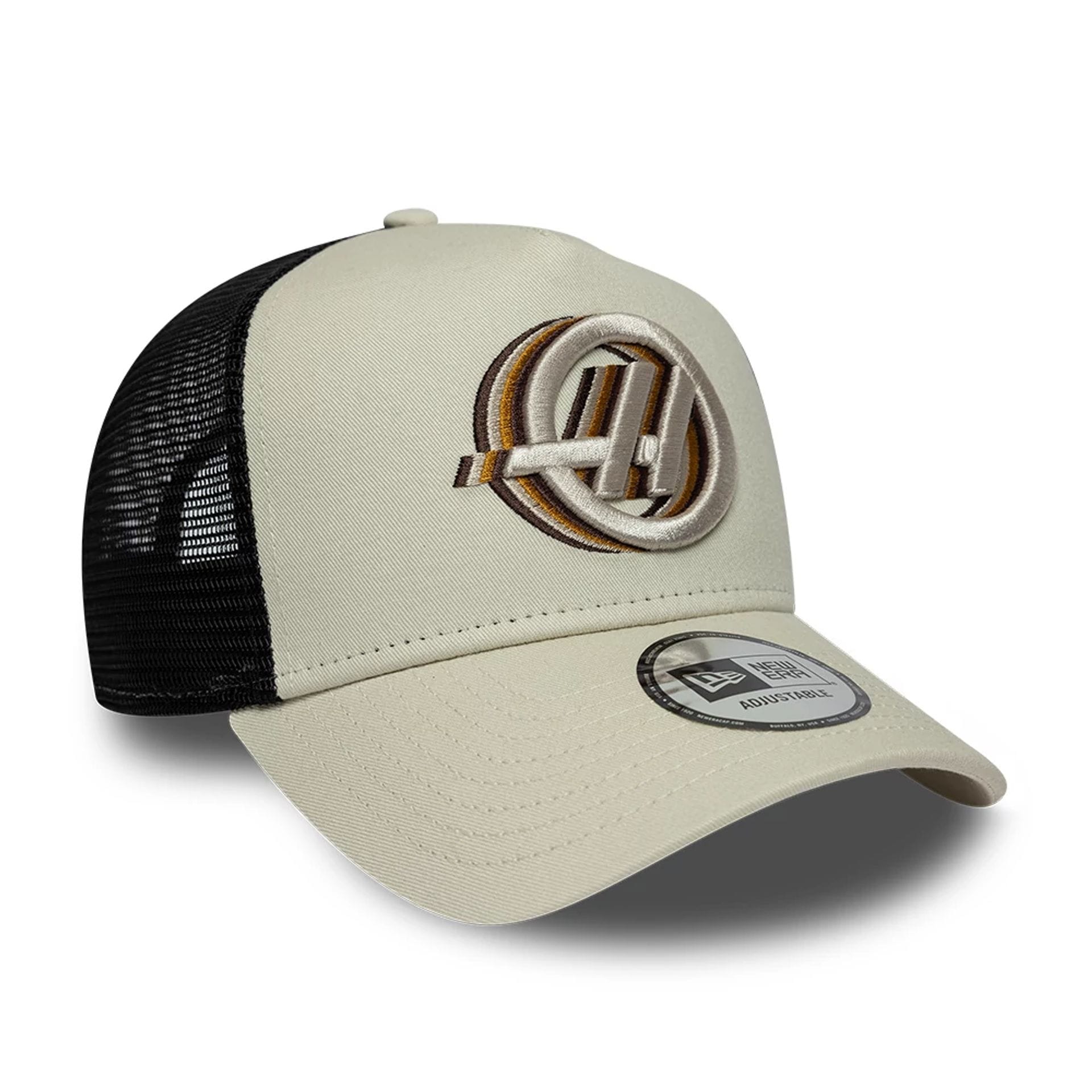 Pictured is this TGR Haas F1 9FORTY A-Frame Trucker in Cream. 3
