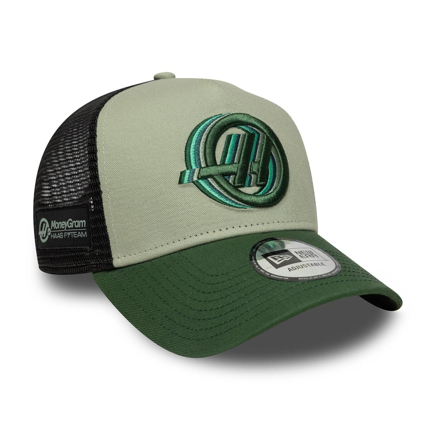 Pictured is this MoneyGram Haas F1 9FORTY A-Frame Trucker in dark green. 1