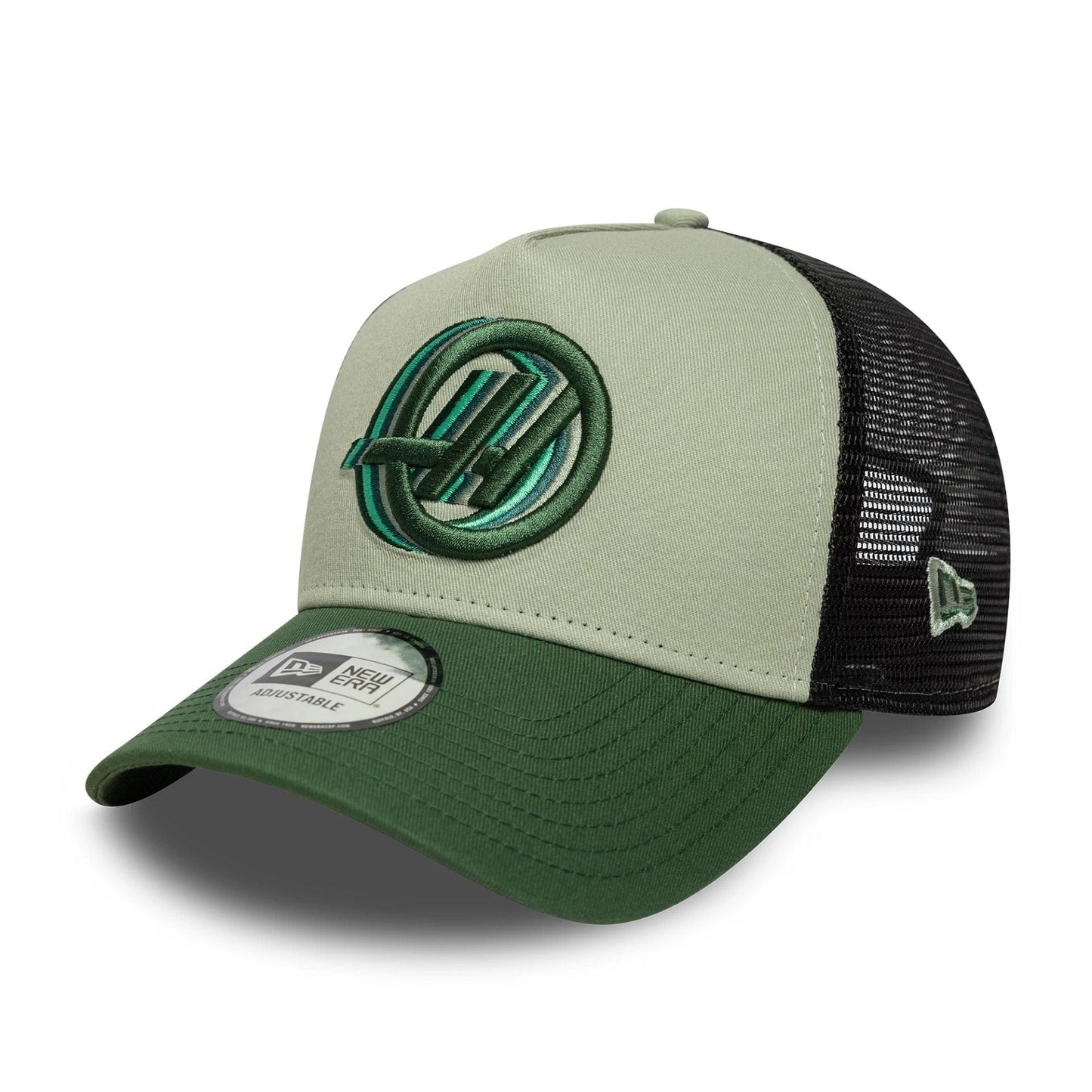 Pictured is this MoneyGram Haas F1 9FORTY A-Frame Trucker in dark green. 3