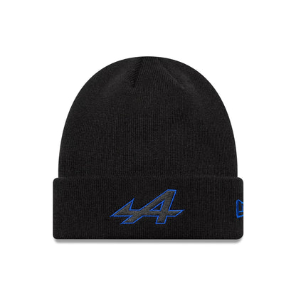 New Era Alpine Racing Black Cuff knit Beanie Hat, front view showing the blue embroidered Alpine A logo on the folded cuff with a New Era flag logo on the side, set on a plain black knit beanie.