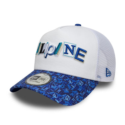 Pictured is this All Over Print Alpine Racing 9FORTY A-Frame Trucker in white. 3