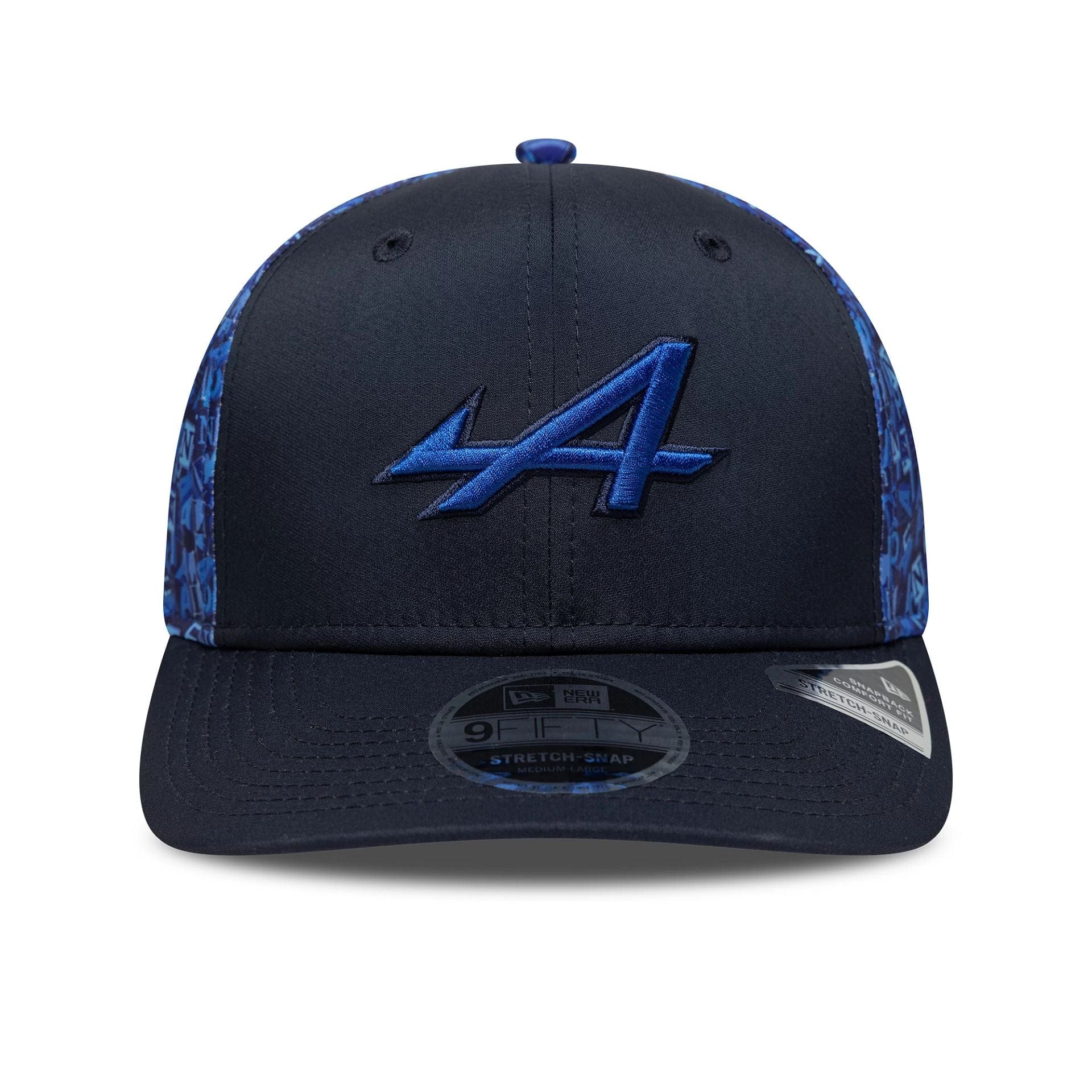 Pictured is this All Over Print Alpine Racing 9FIFTY Stretch Snap in navy. 2