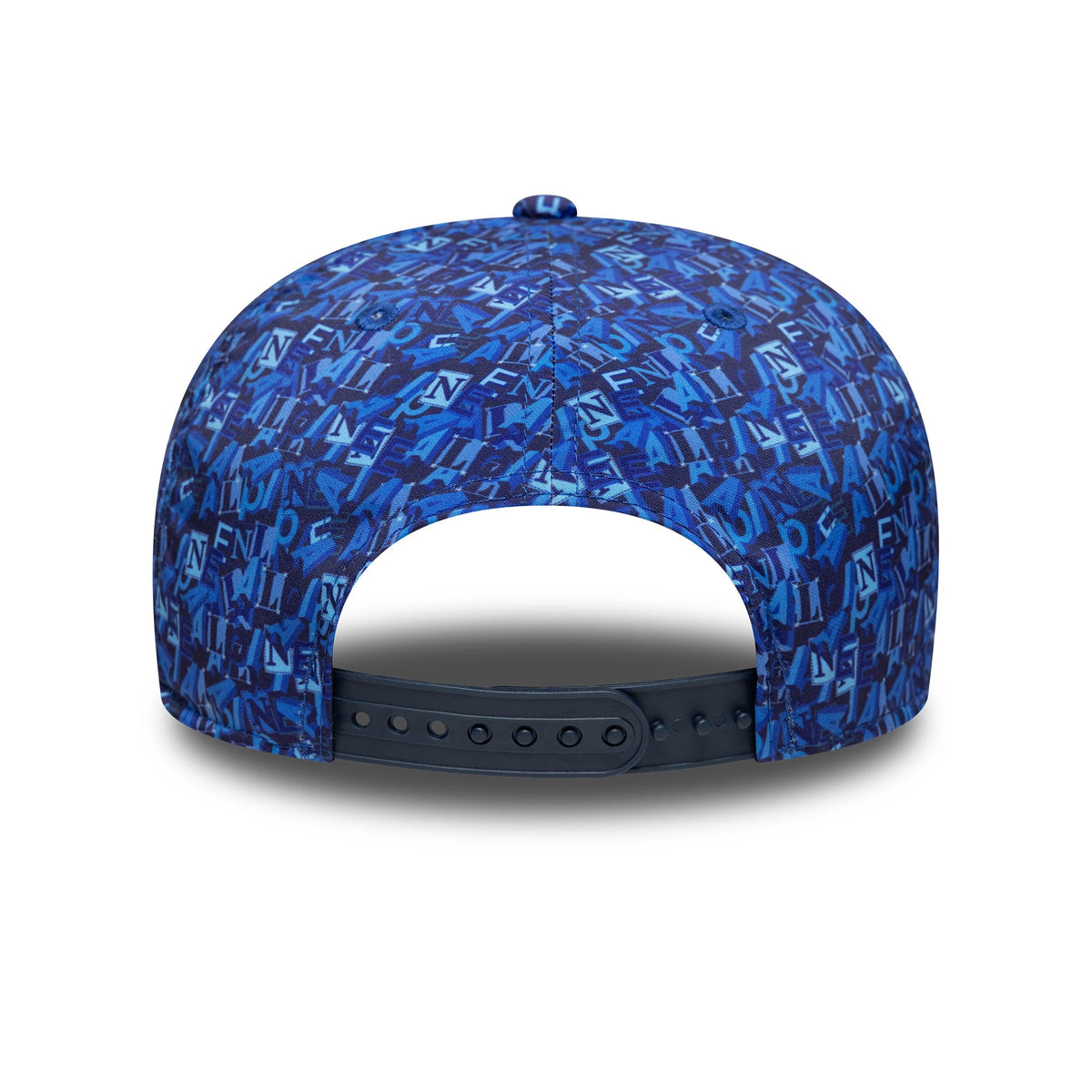 Alpine Racing All Over Print Navy New Era 9FIFTY Stretch Snap Cap, rear view showing the adjustable navy snap closure and overlapping Alpine lettering in various shades of blue across the crown.