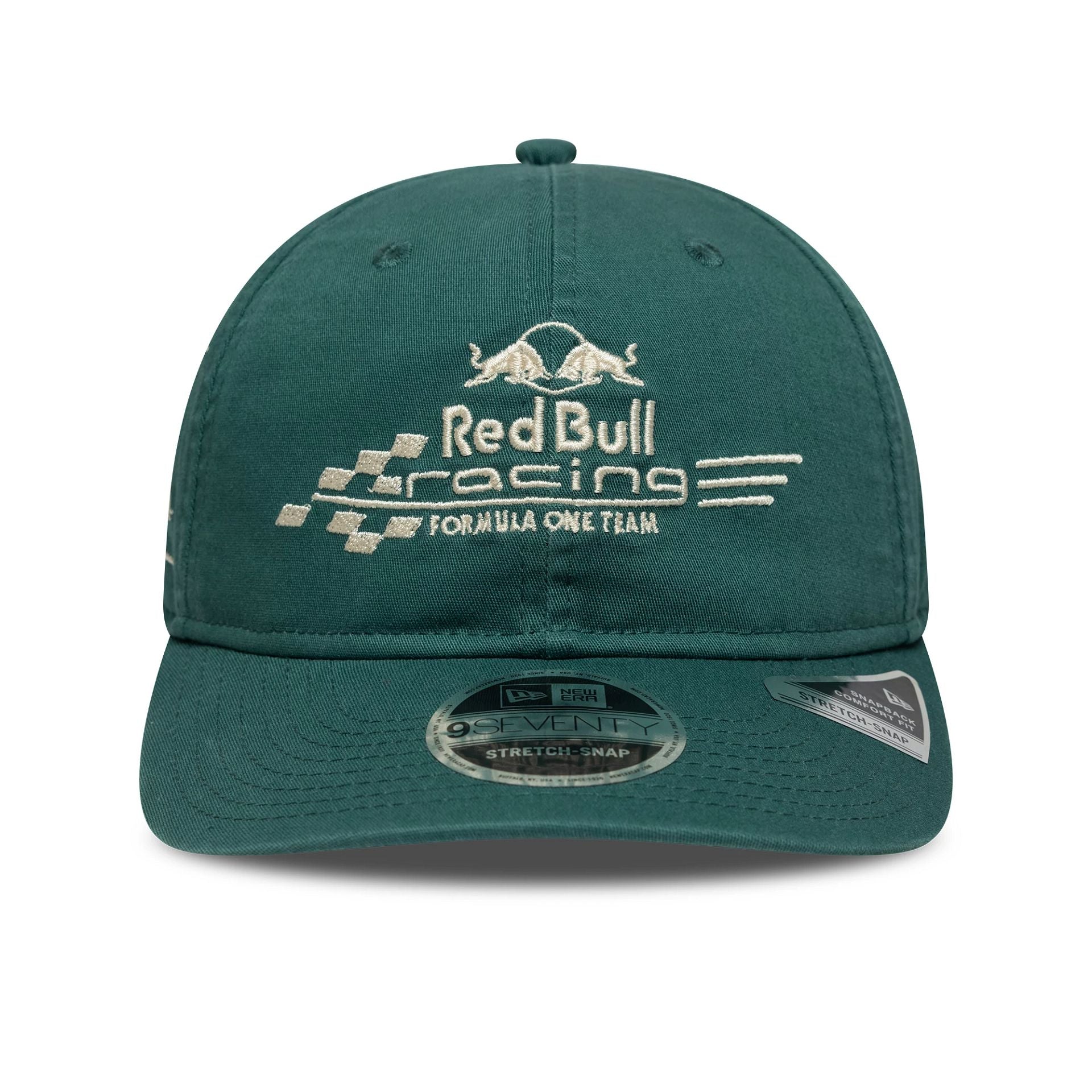Pictured is this Washed Red Bull Racing 9SEVENTY Stretch Snap in dark green. 2