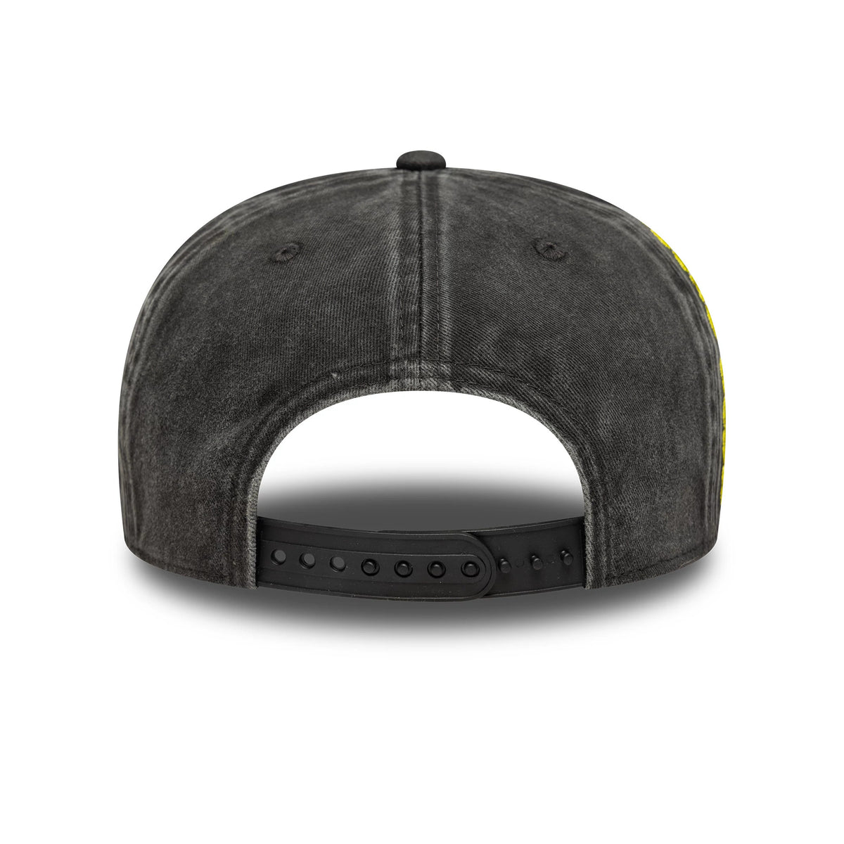 Moto Guzzi Washed Black New Era 9SEVENTY Stretch Snap Cap, rear view showing a black plastic snap closure on the washed black fabric, with seam and a top button enhancing the classic cap design.